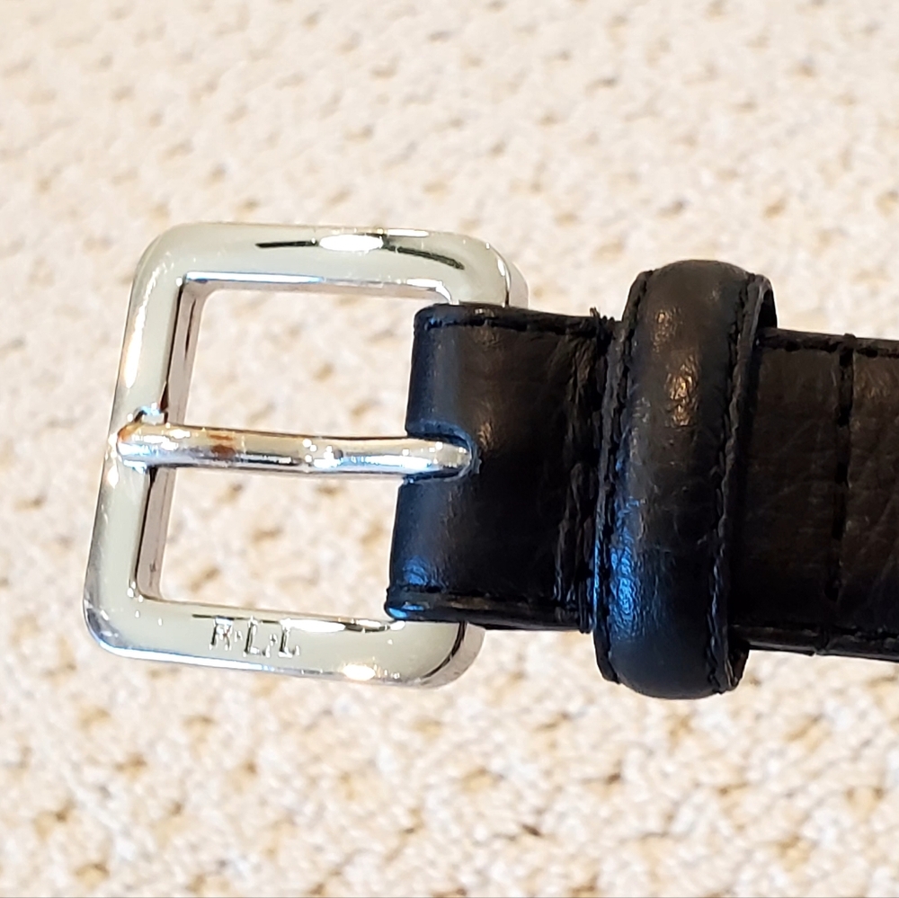 Ralph Lauren Black Leather Silver Monogram Buckle Silver Grommet Belt Lg EUC - Picture 4 of 16
